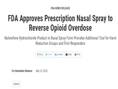 首款！FDA批准纳美芬鼻喷雾剂用于逆转阿片类药物过量