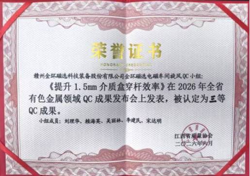 金环磁选QC成果荣获省级三等奖