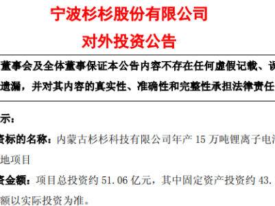 总投资51.06亿元！杉杉股份加码包头15万吨锂电负极一体化项目